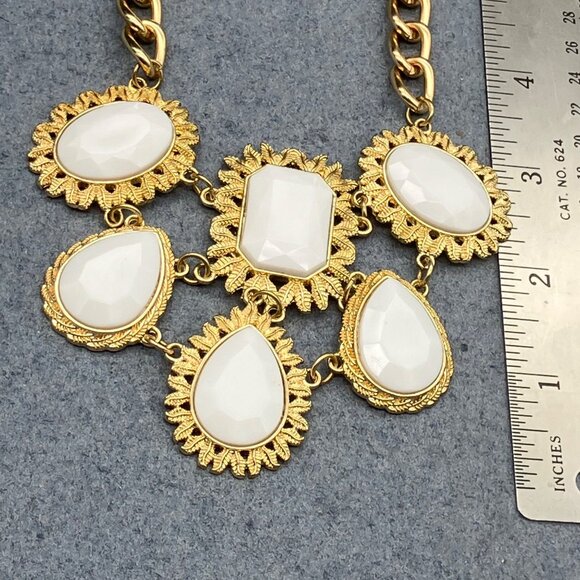 Gold White Statement Necklace 20 In Teardrop Rectangle Oval Charms Retro Vintage - Picture 5 of 11